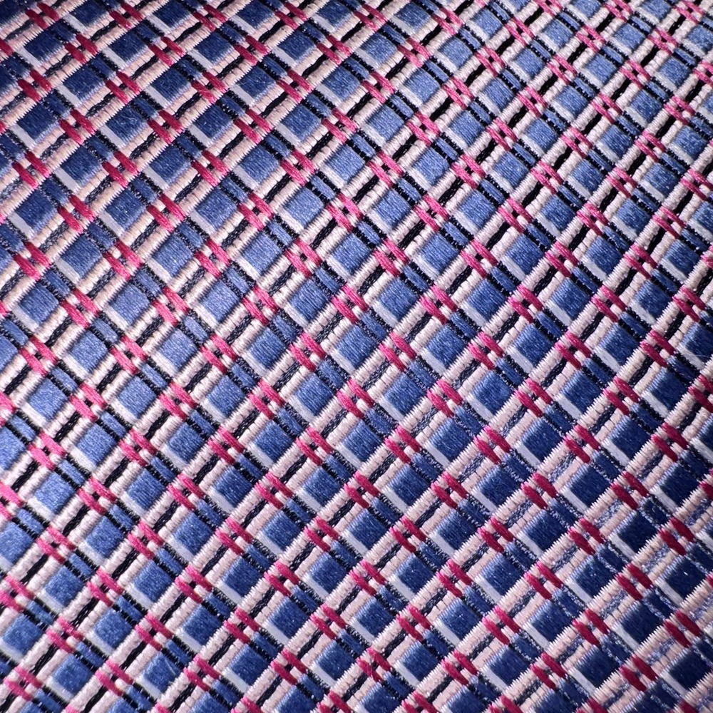 Hart Schaffner Marx Necktie Mens OS Blue Pink Silk Geometric Grid Classic Formal